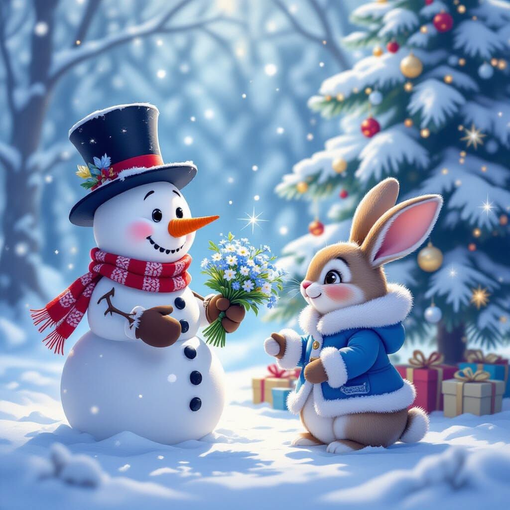 Snowman Gifts Flowers to Bunny in Winter Forest Cartoon Styl...