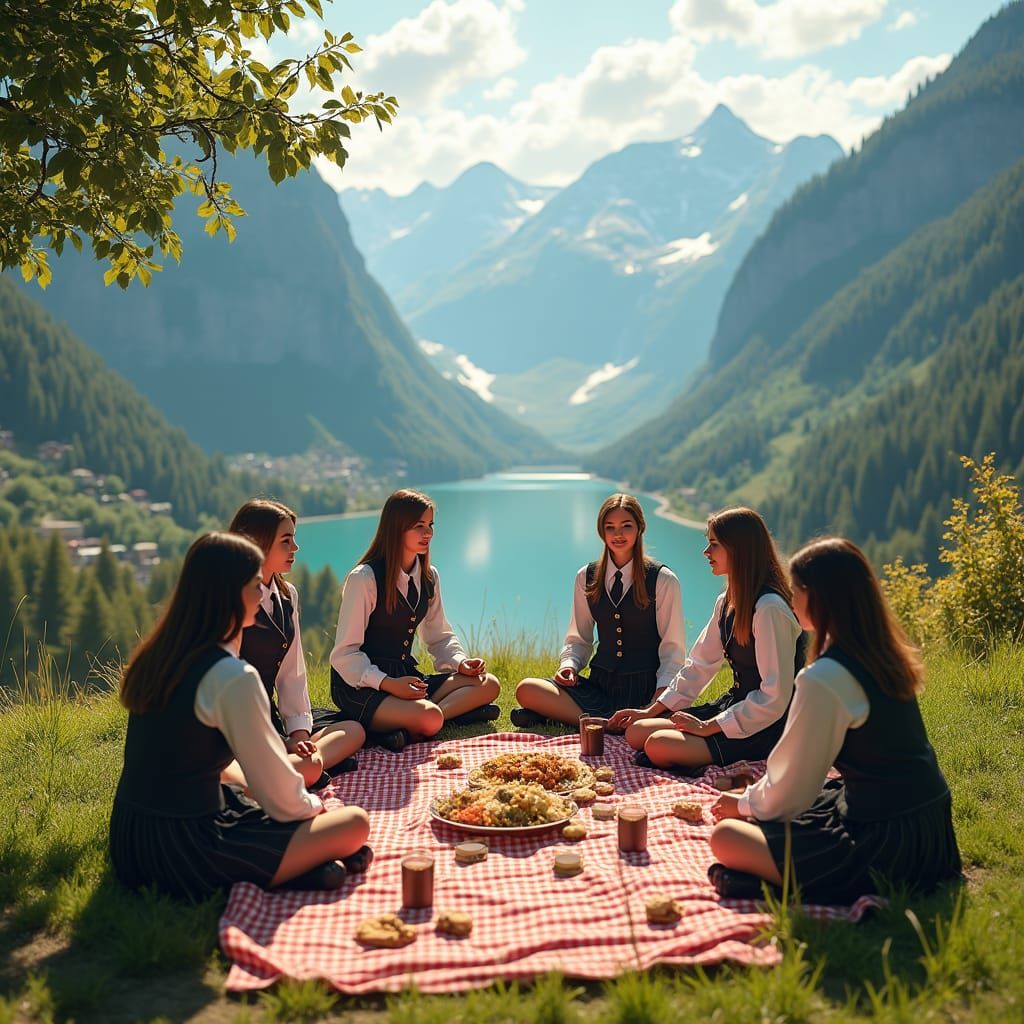Swiss Alps Picnic: Schoolgirls in a Dreamscape