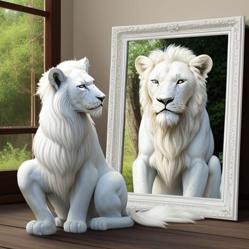 Surreal White Lion Cub Encounters its Resin Cast Reflection
