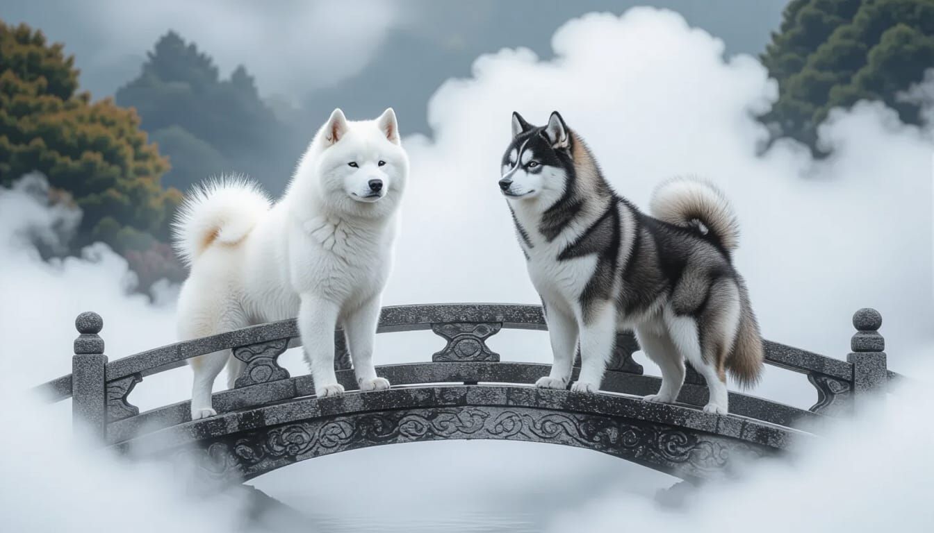 Akita Dogs on Ornate Bridge Amidst Clouds