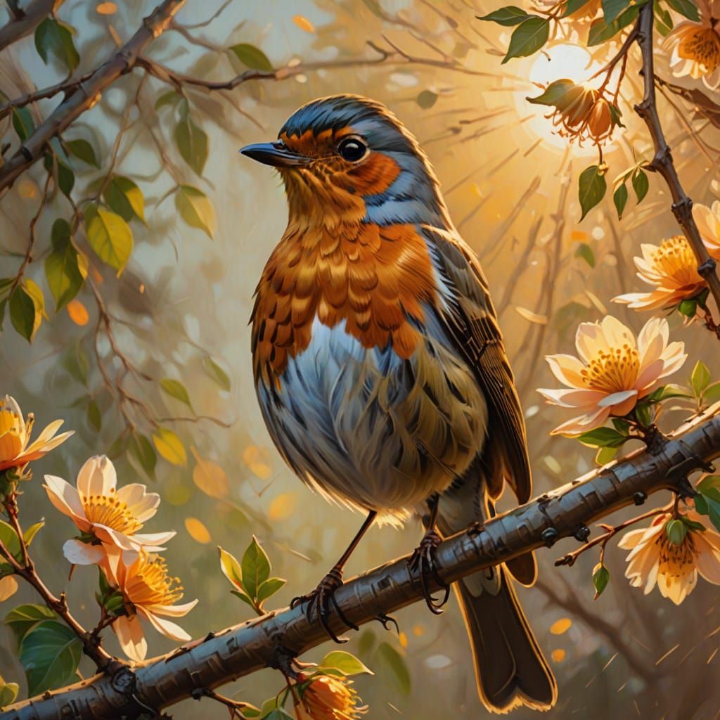 Proud Robin red breast stands tall on the branch facing the morning sun