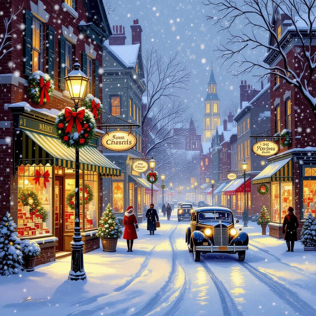 Charming Christmas City Scene with Falling Snow