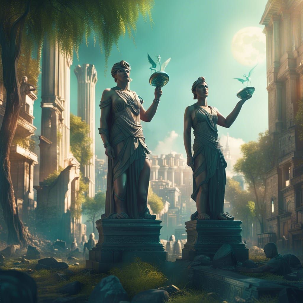 Cyberpunk Ancient Greek City with Statues