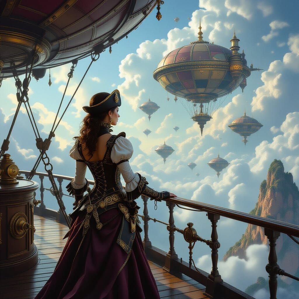 Steampunk Pirate Woman on Dirigible Over Candy Islands