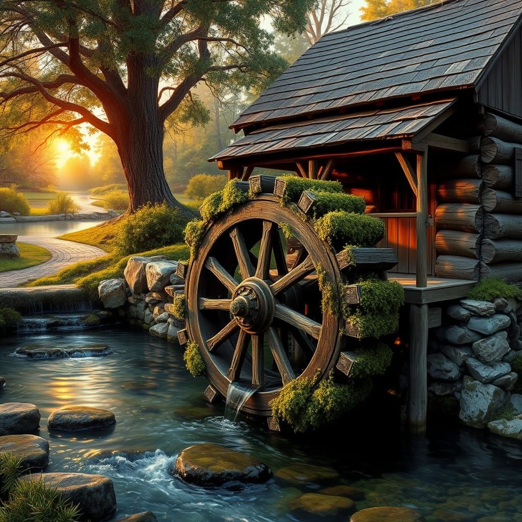 Rustic Waterwheel in a Serene Stream Landscape