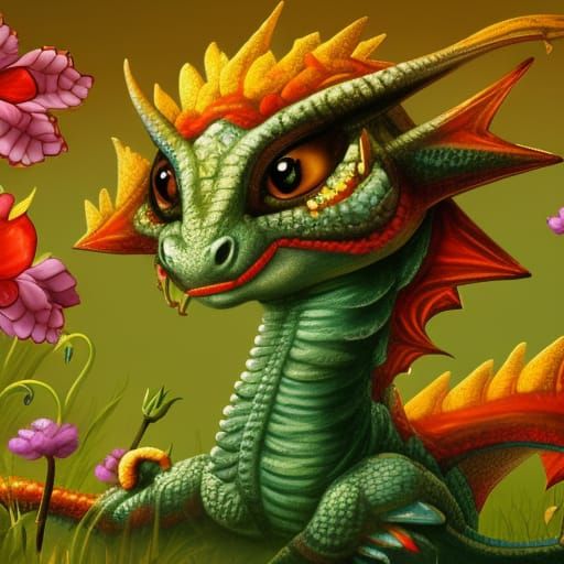 Cute Dragon in Flower Field: Fantasy Concept Art