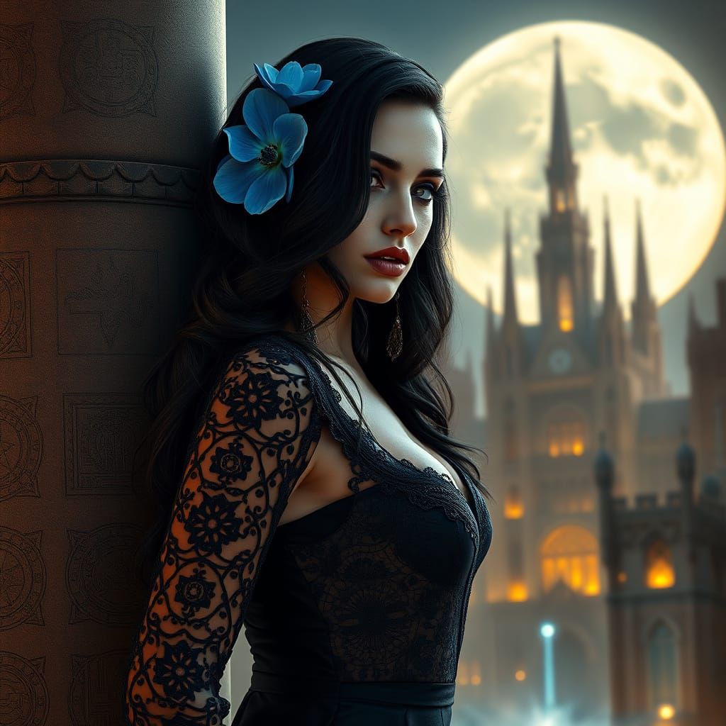 Ethereal Noir Goddess with Raven Hair and Vibrant Blue Flowe...