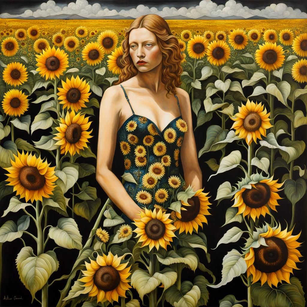 Surreal Sunflower Scene in Mixed Media Style