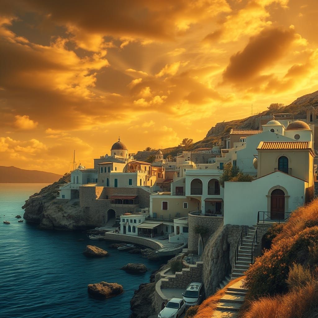 Golden Greek Village by the Sea: Impasto Style