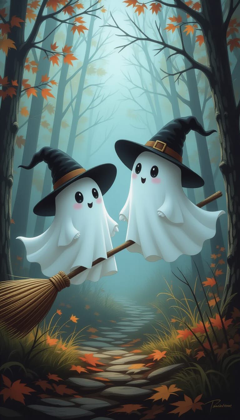 Cute Ghosts Fly Broomsticks in Thomas Kinkade Style