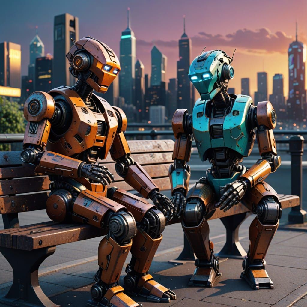 Rusty Robots in Vibrant Futuristic City