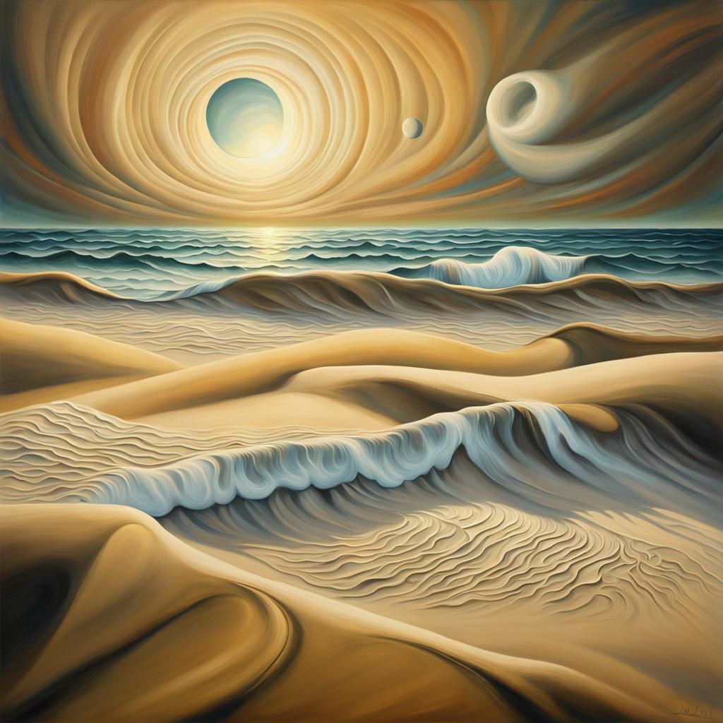 Surreal Seashore with Two Suns, Dali-esque Oil Painting