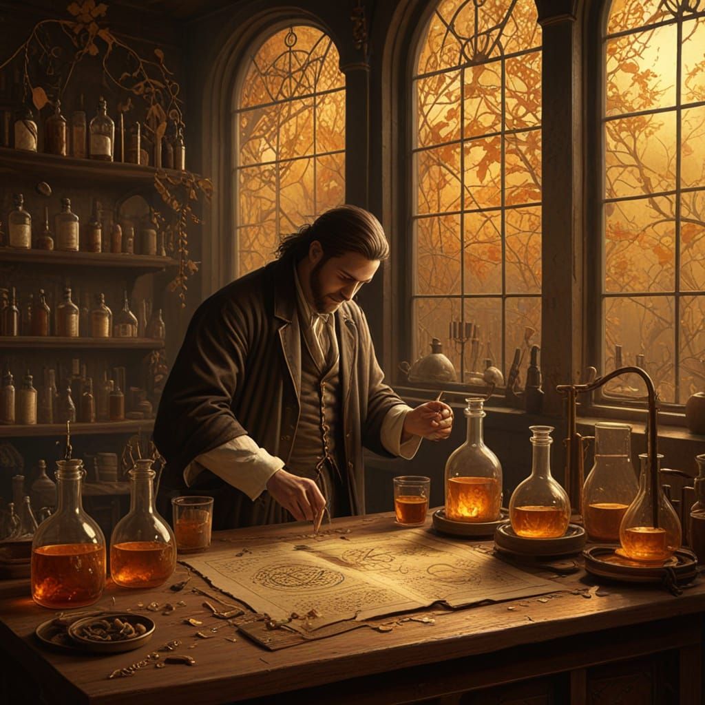 Alchemist Transmuting Leaves to Gold in Fantasy Art Style