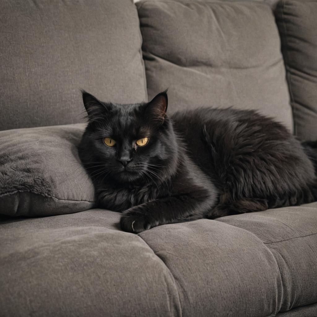 Fluffy Black Cat Sleeping Peacefully on a Couch