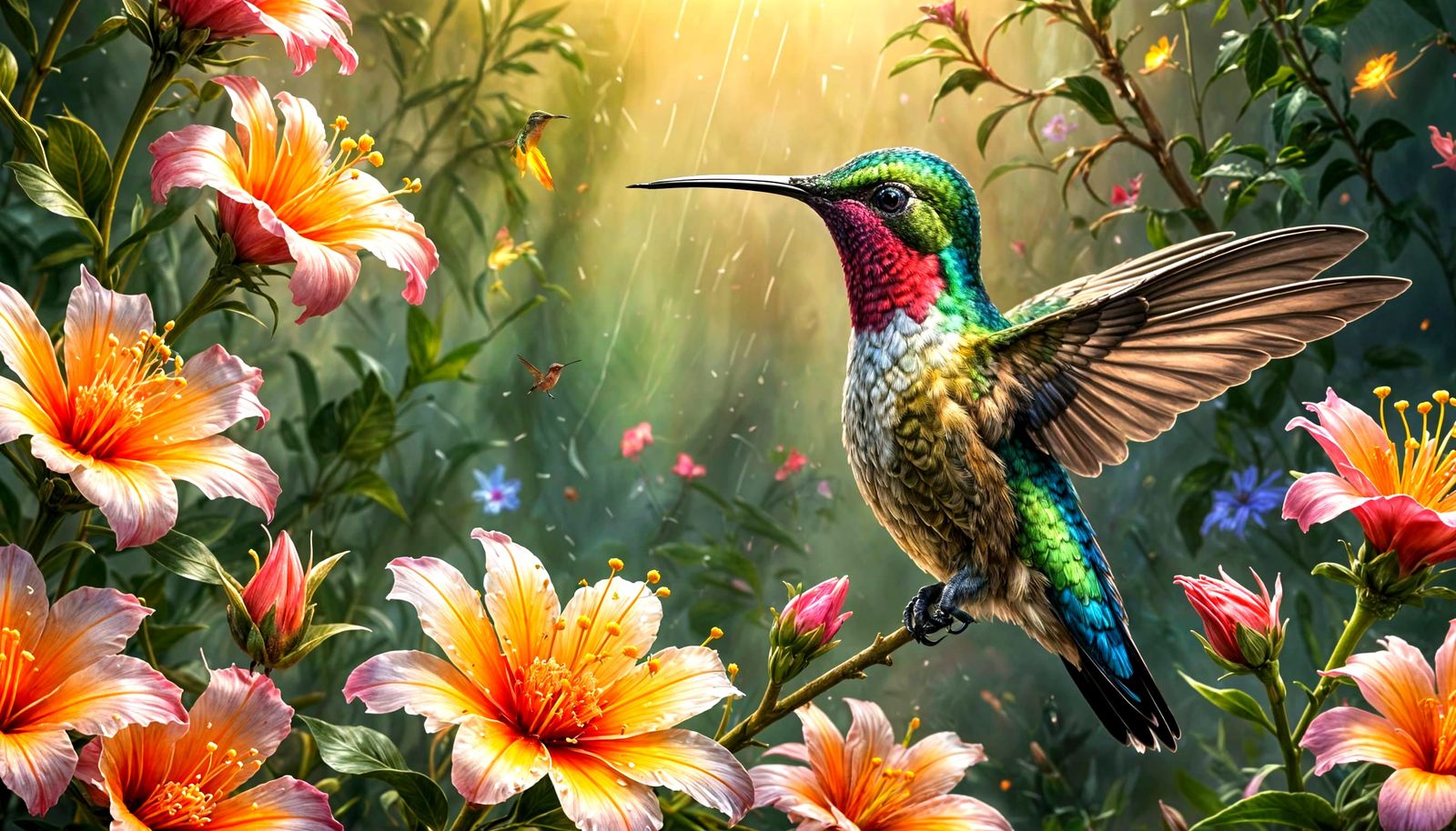 Hyper Colorful Hummingbird on Flower, Digital Matte Painting