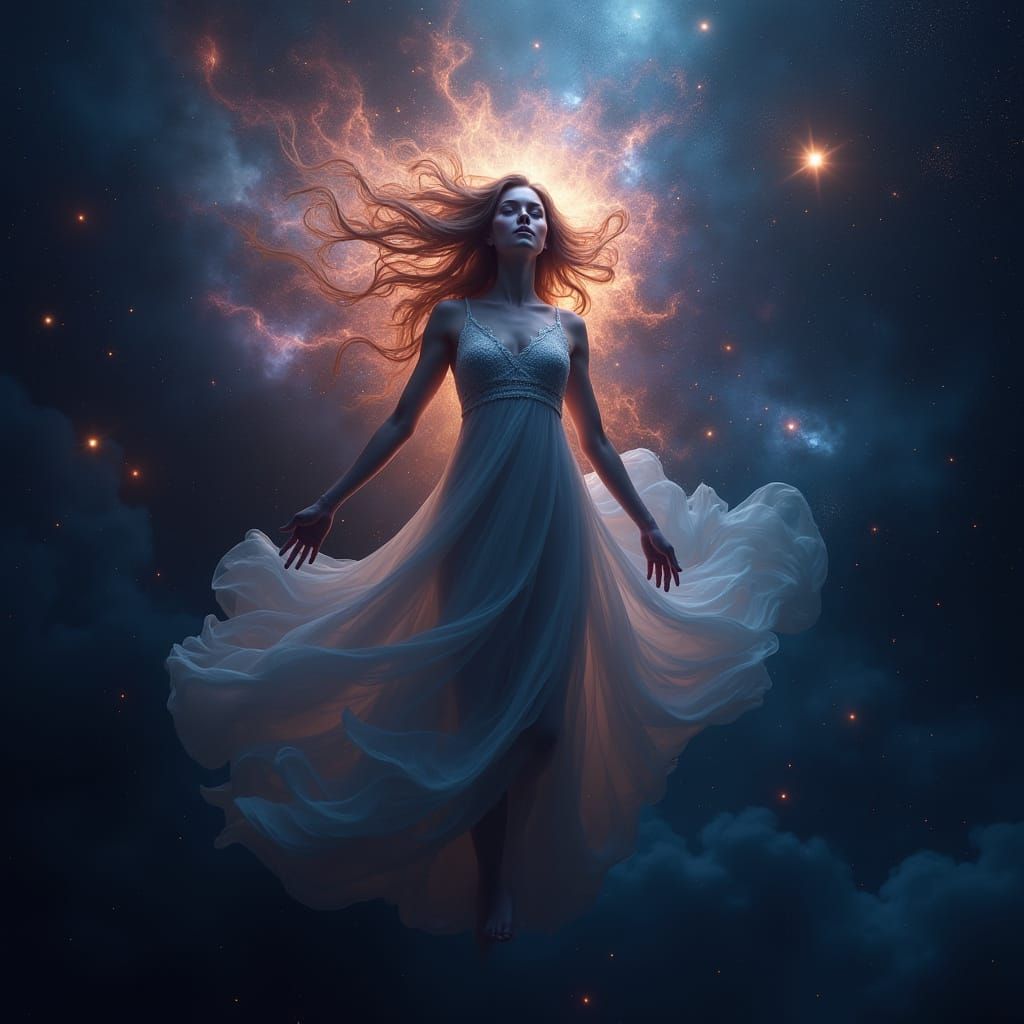 Celestial Woman with Nebula Hair in Cosmic Void