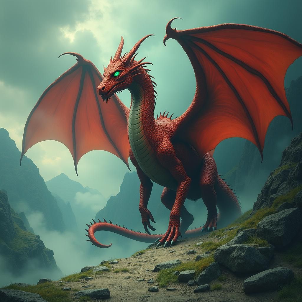 Crimson Dragon in Mystical Mountains, Fantastical Realism