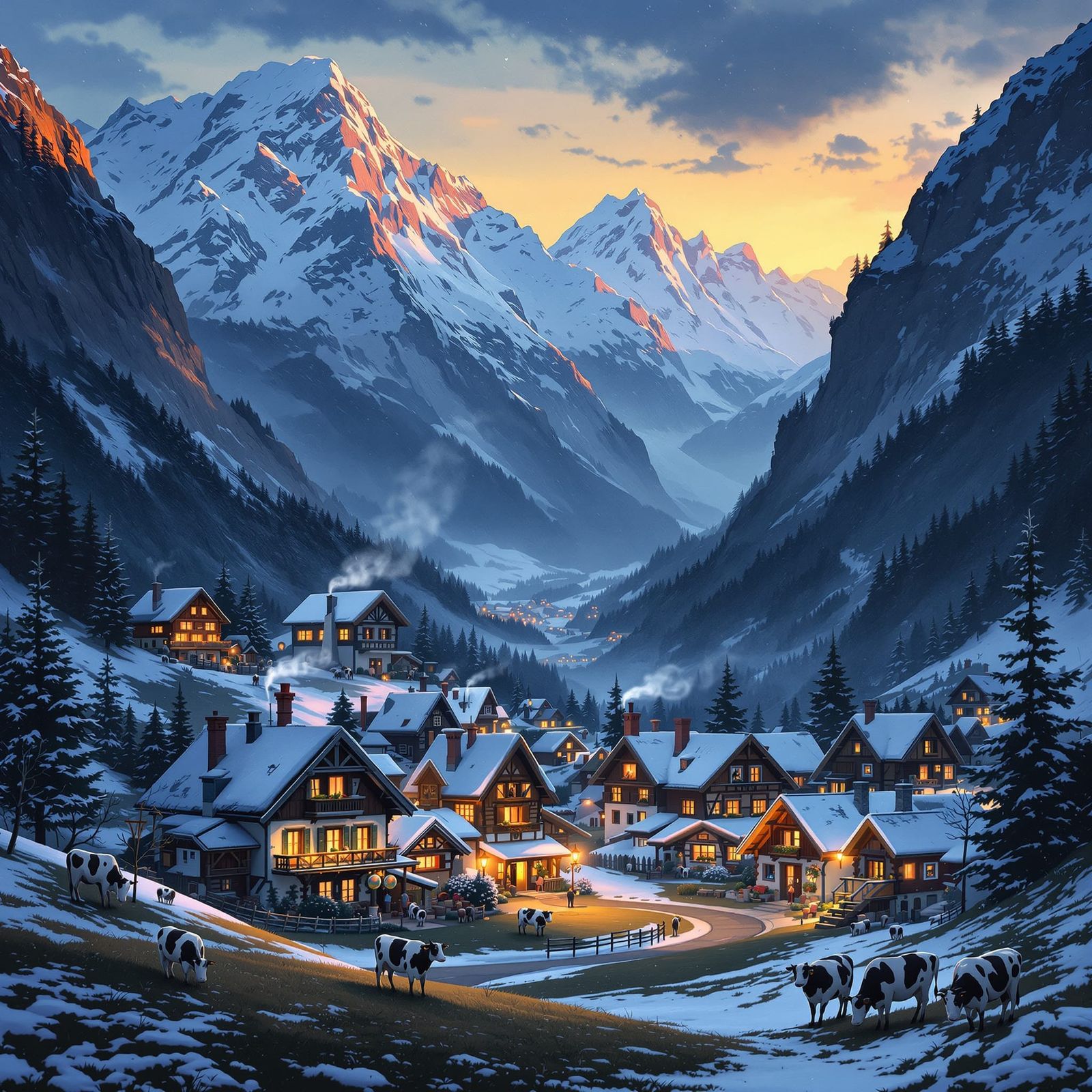 Charming Swiss Village in Alps Twilight