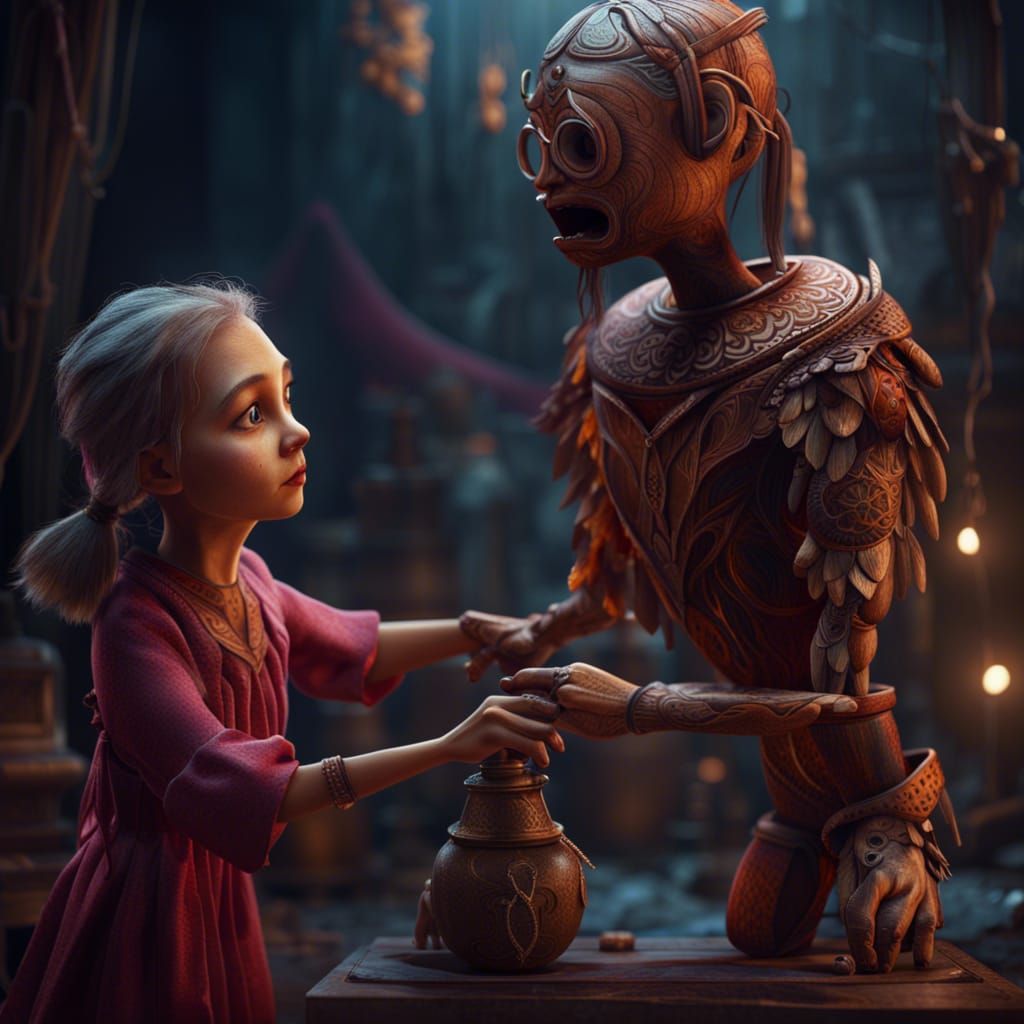 A wooden puppet helping a girl