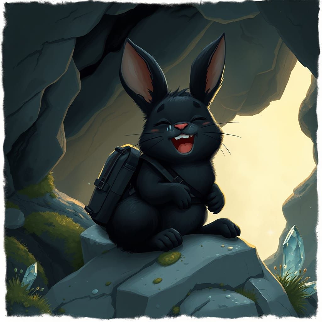 Joyful Black Bunny in Crystalline Cave
