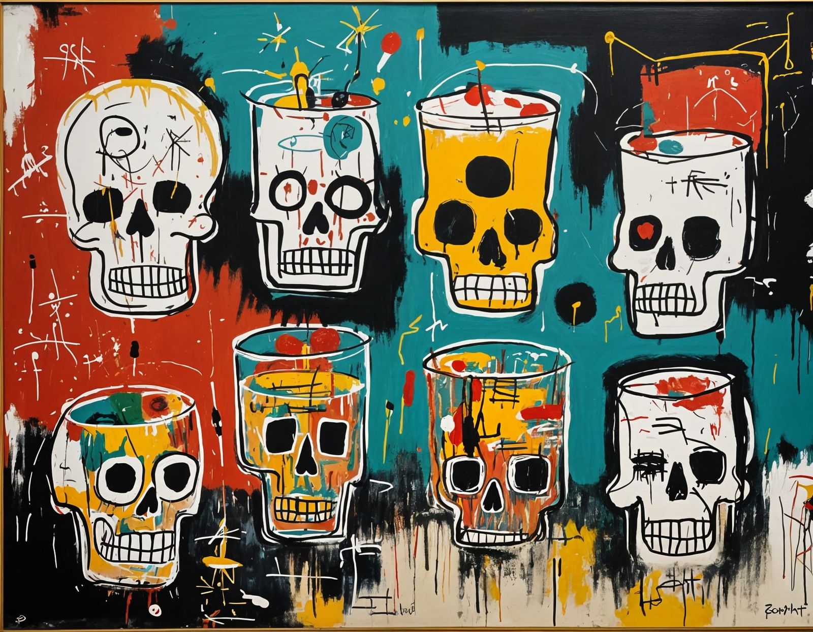 Basquiat-Style Painting of Skulls, Pills, and Cocktails
