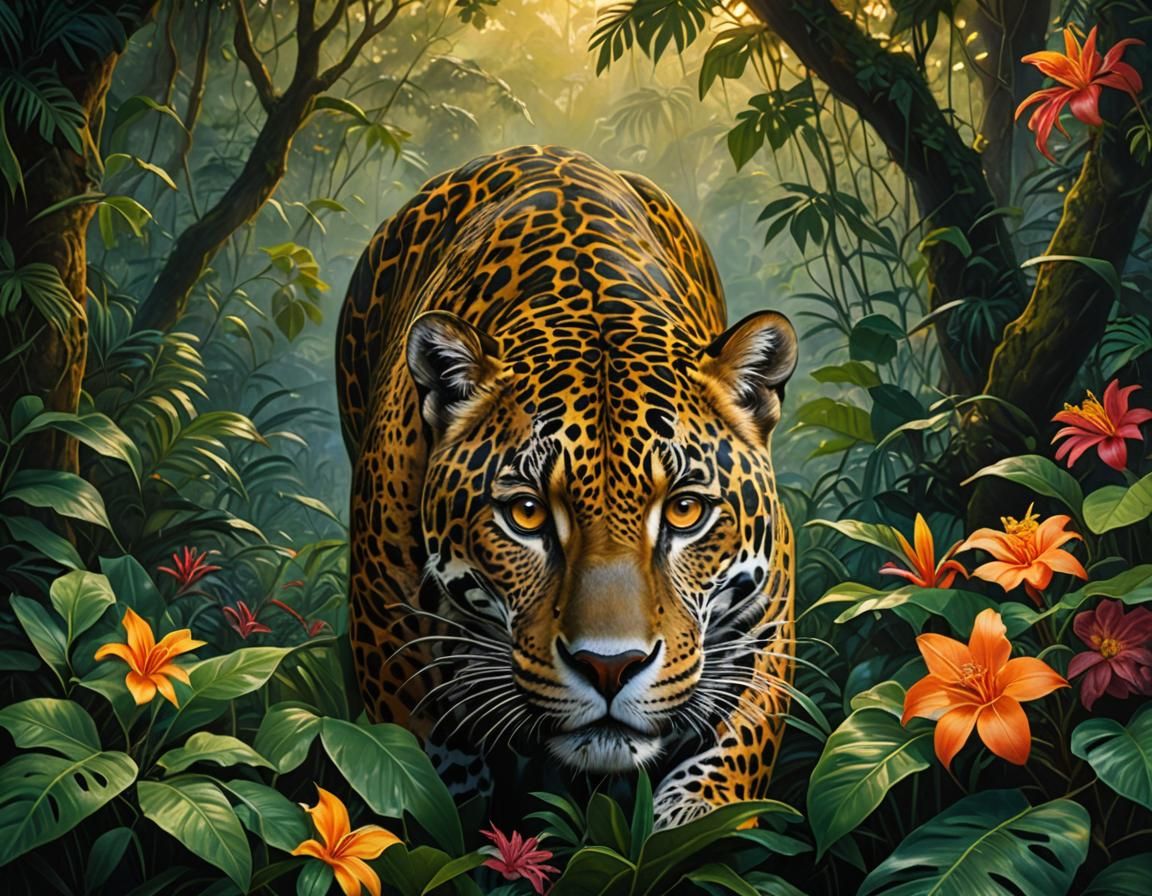Jaguar Hidden in Amazon Rainforest at Dusk
