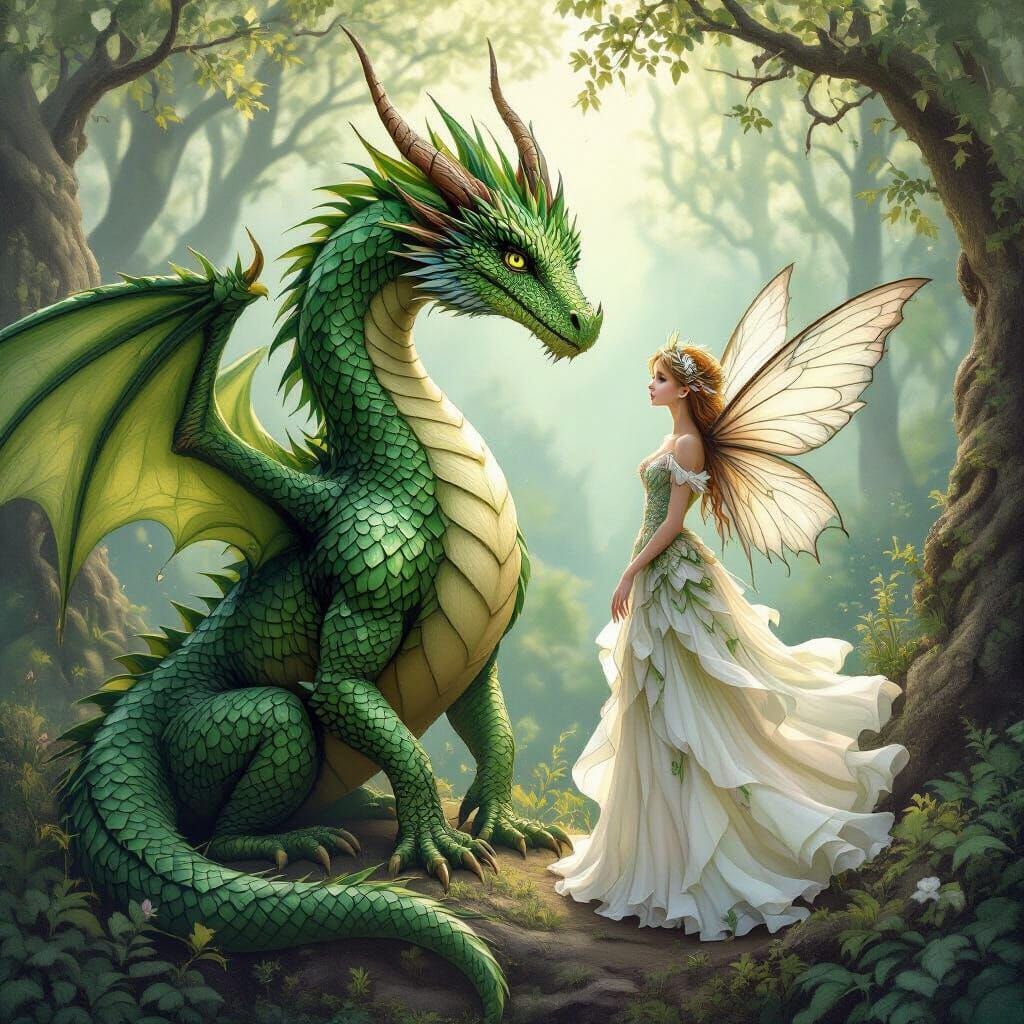 Emerald Dragon and Fairy in Whimsical Forest