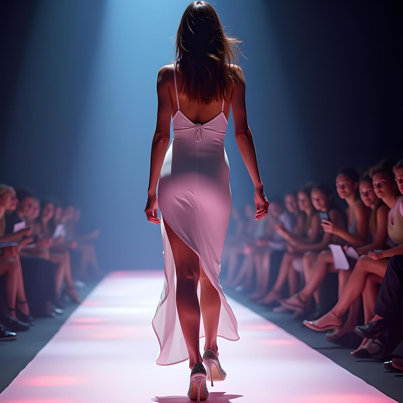 Runway Model in White Dress with Neon Lighting