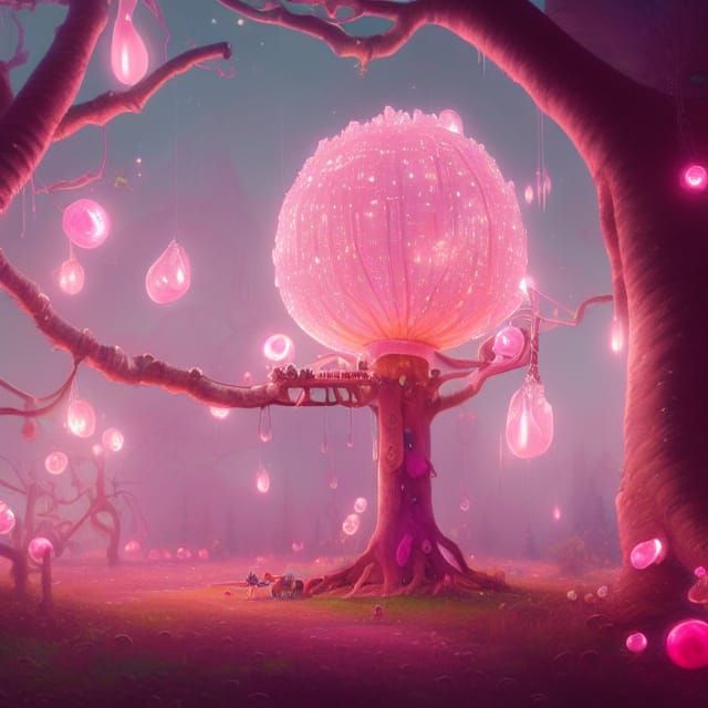 Pink Bubblegum Treehouse: A Luminous Fantasy Illustration
