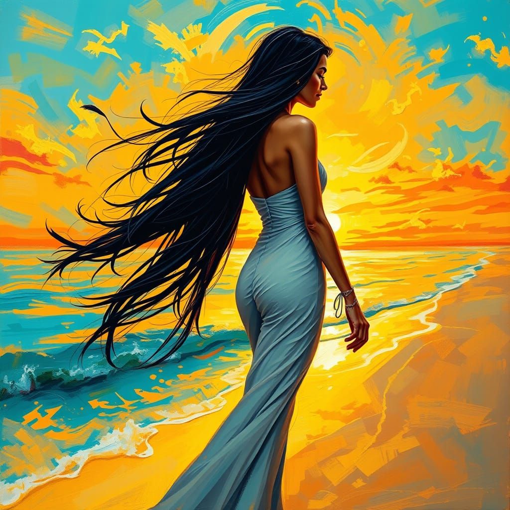 Elegant Woman Strolls Beach Sunset in Vibrant Impasto Style