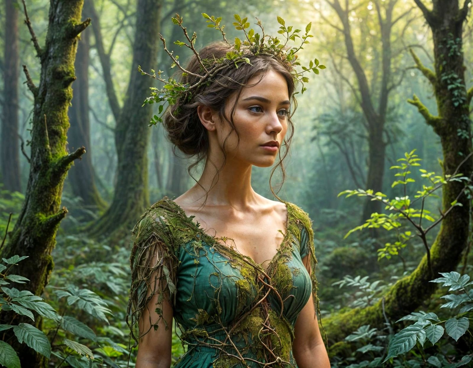 Earthy Goddess in Lush Forest Landscape