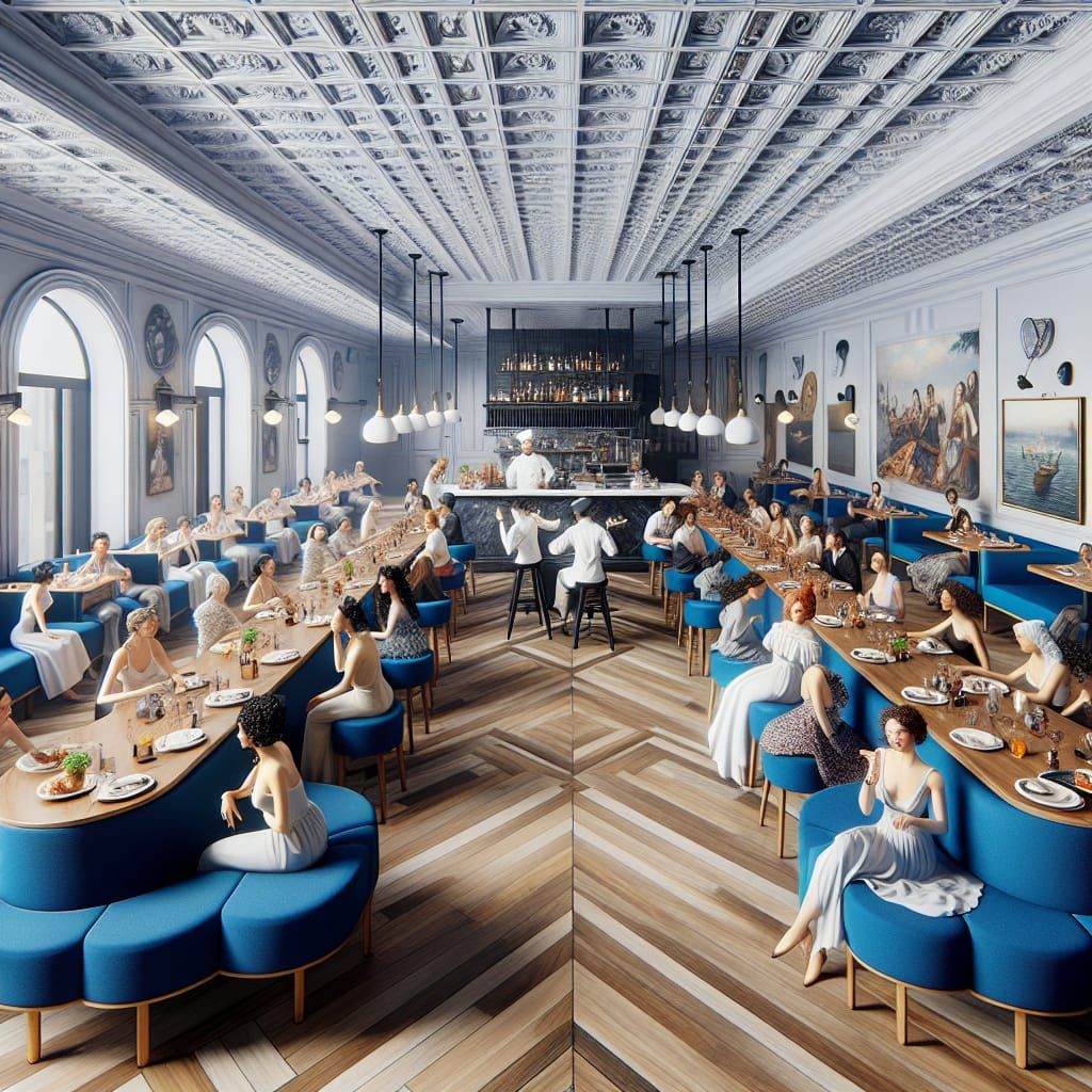 Milan Seafood Restaurant with Dancing Patrons in 3D Render