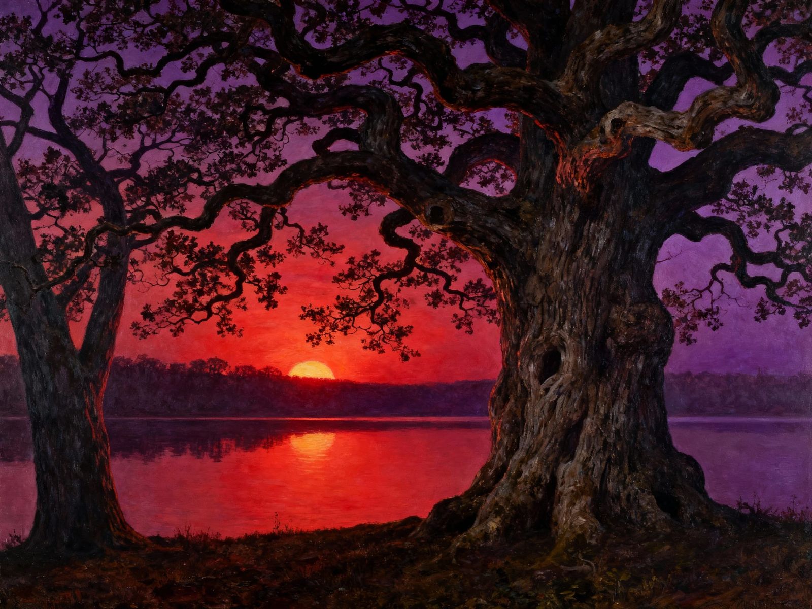 Dusk Lake Landscape with Ancient Oaks