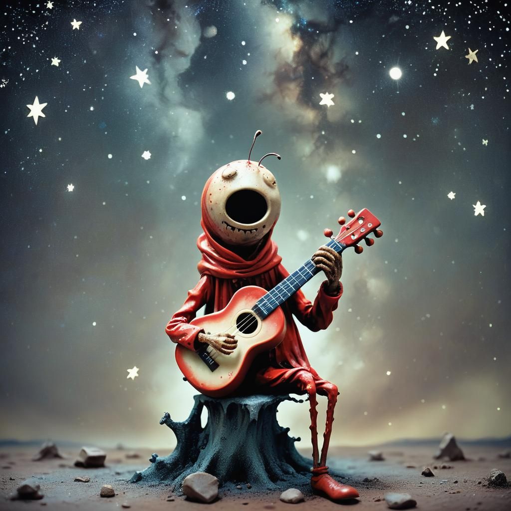 Claymation Figure Plays Ukulele Under Starry Sky