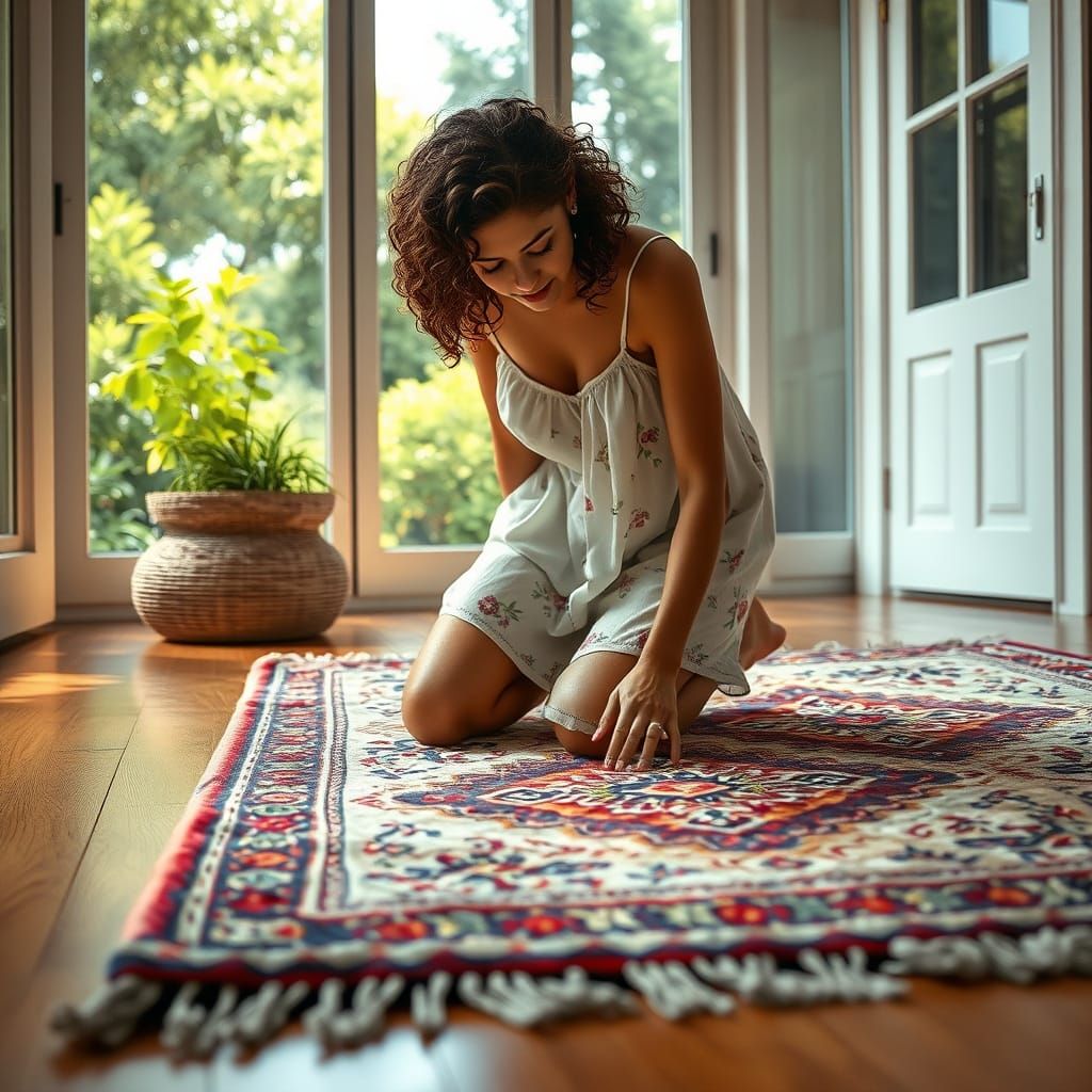 Woman Washing Rug in Modern Home with Whimsical Touches