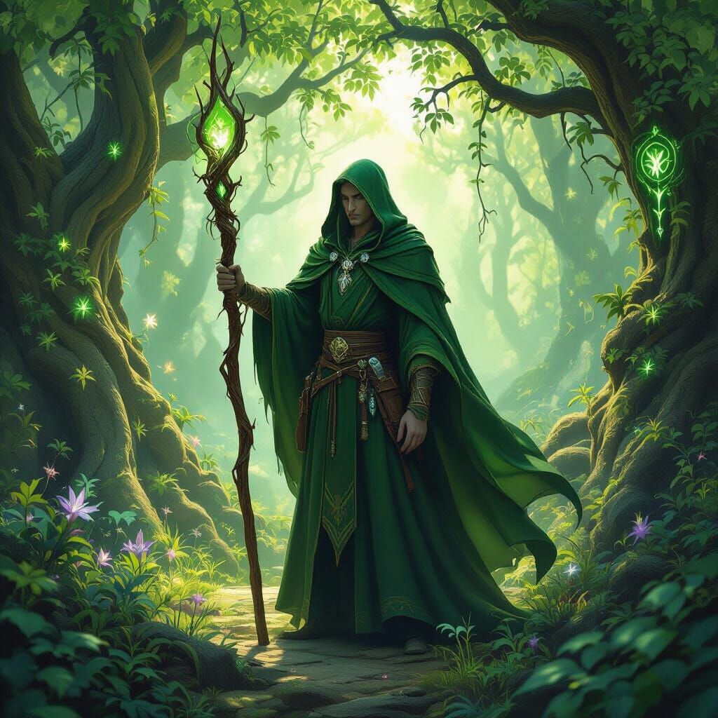 Majestic Wood Elf Wizard in Mystical Forest Glade