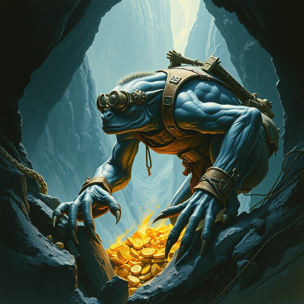 Mountain Creature Mining Gold in Dark Fantasy Cave