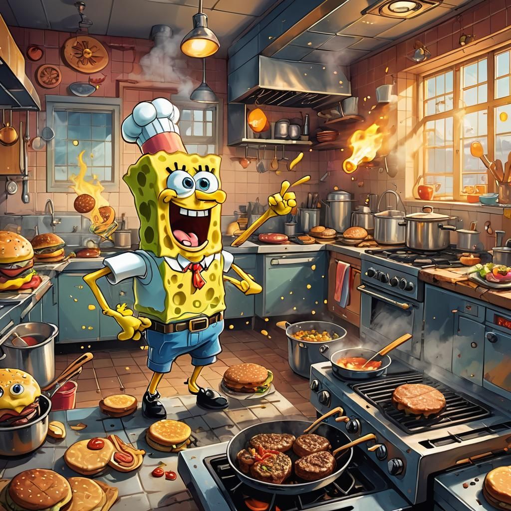 SpongeBob Flipping Burgers in Cartoon Illustration