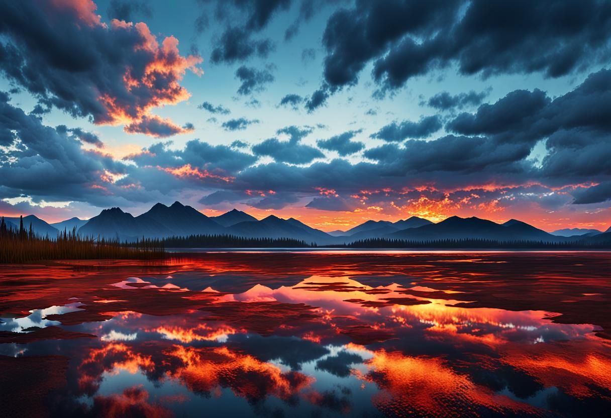 Dramatic Sunset Over Serene Lake in Romantic Style