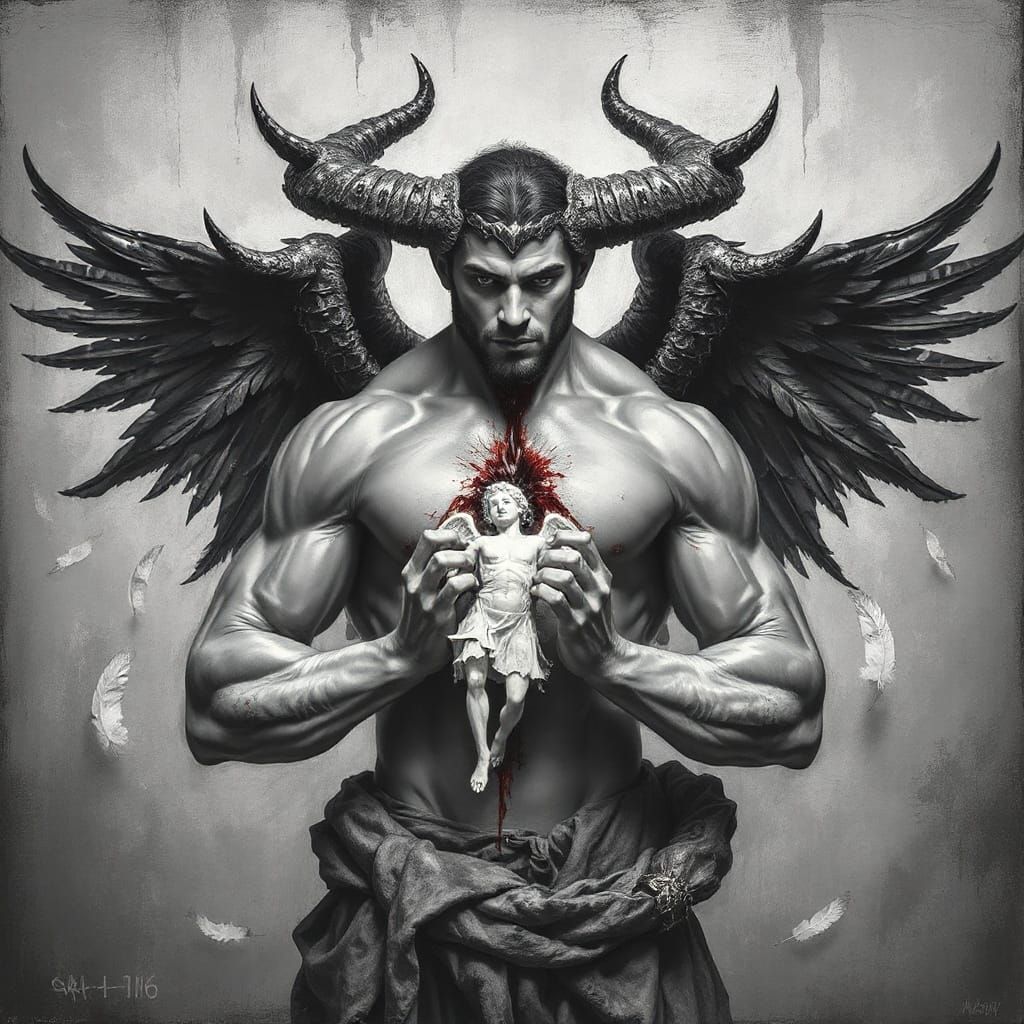 Cain Cradles Angel of Light in Dark Oil Painting