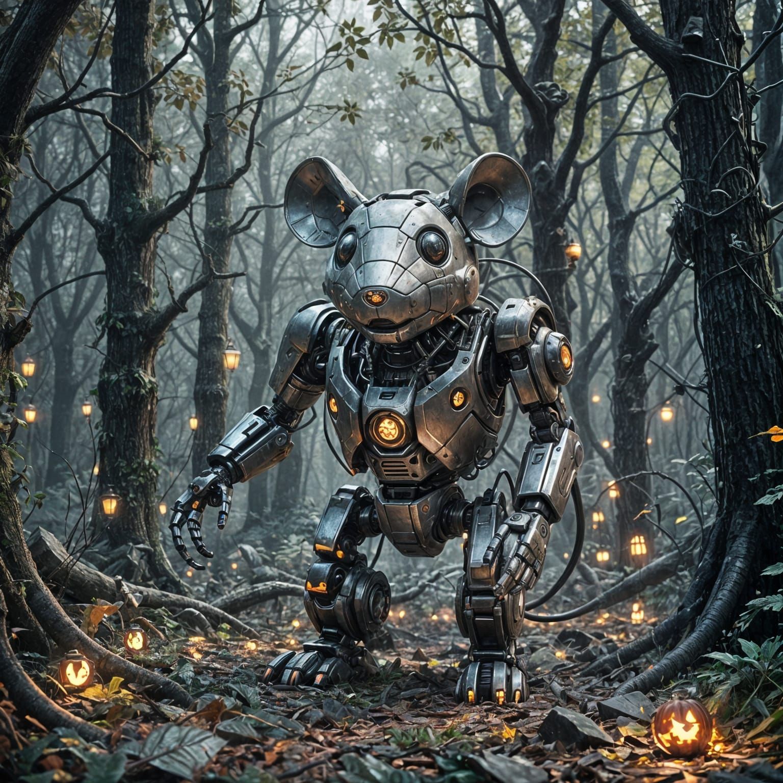 Robotic Mouse in Metallic Forest, Unreal Engine Art