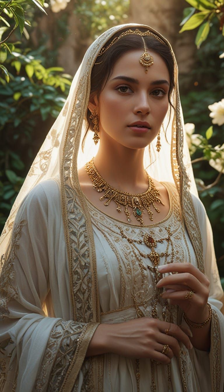 Ancient Woman in Mystical Garden, Golden Hour Lighting