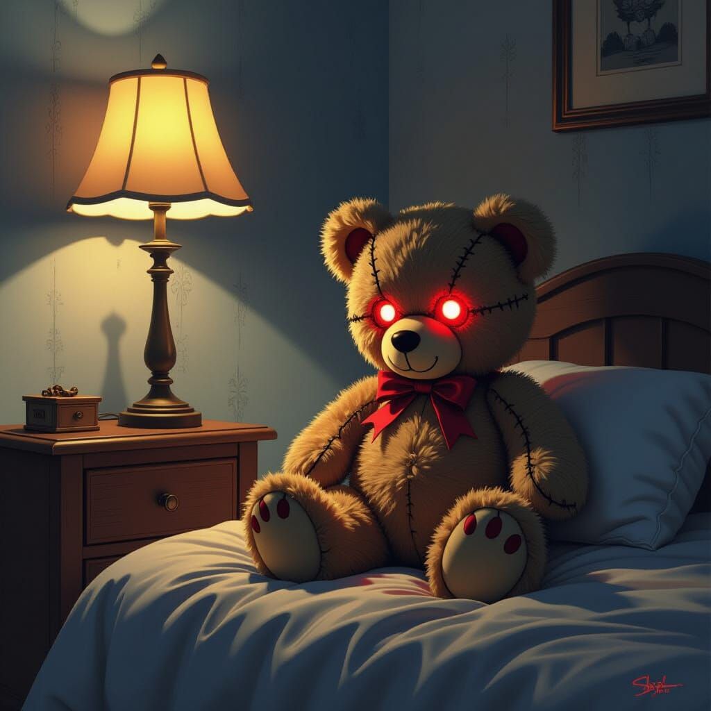 Eerie Teddy Bear in Child's Bedroom at Night