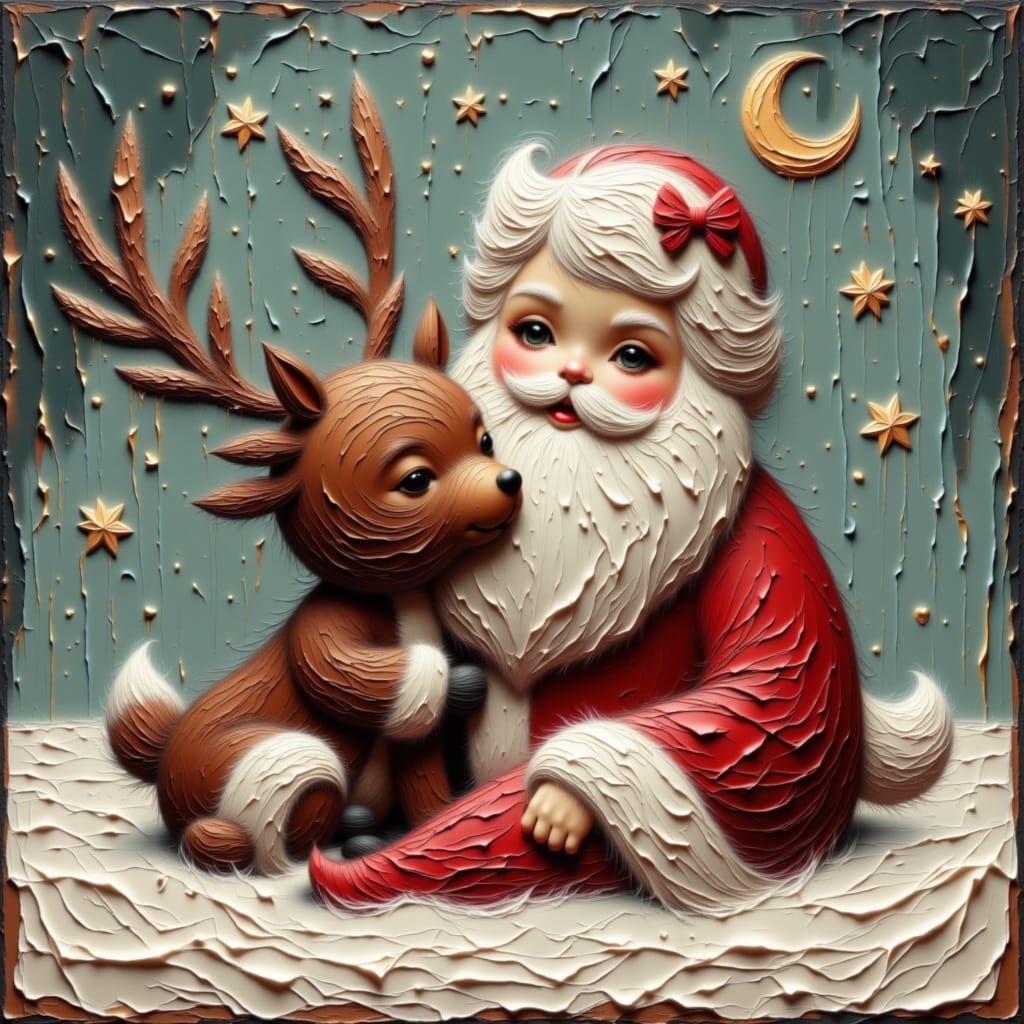 Santa Claus as a happy baby in diapers cuddling with a reindeer. <lora:Moonchild Christmas:1.0>