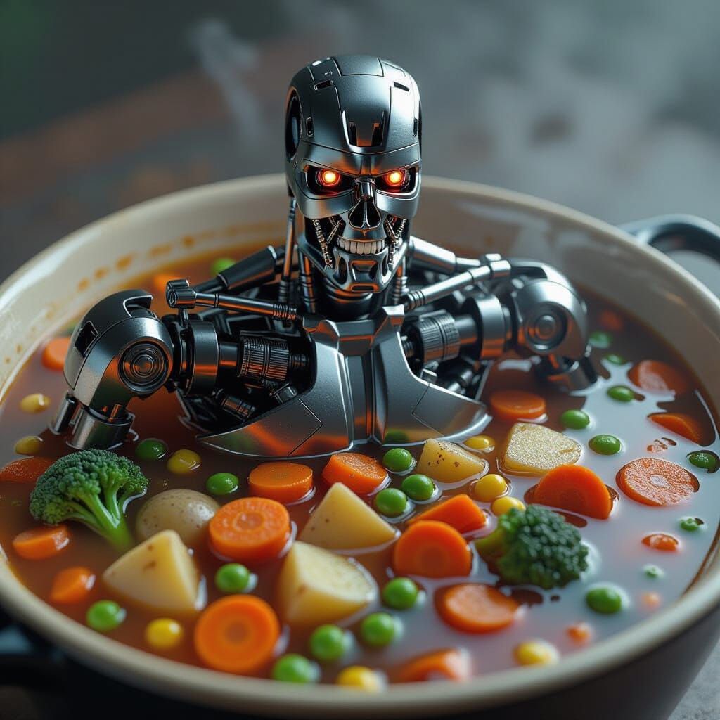 Terminator Cyborg Floats in Hearty Vegetable Soup