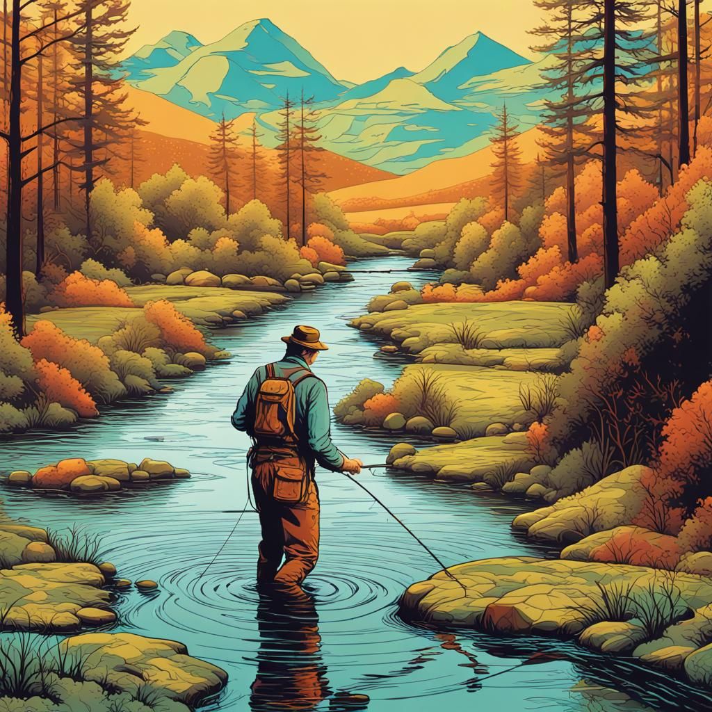 Pop Art Man Fly Fishing in Stream