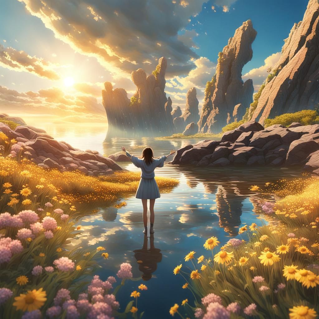 Anime Woman Reaching to Sky: Hyper-Realistic Digital Art