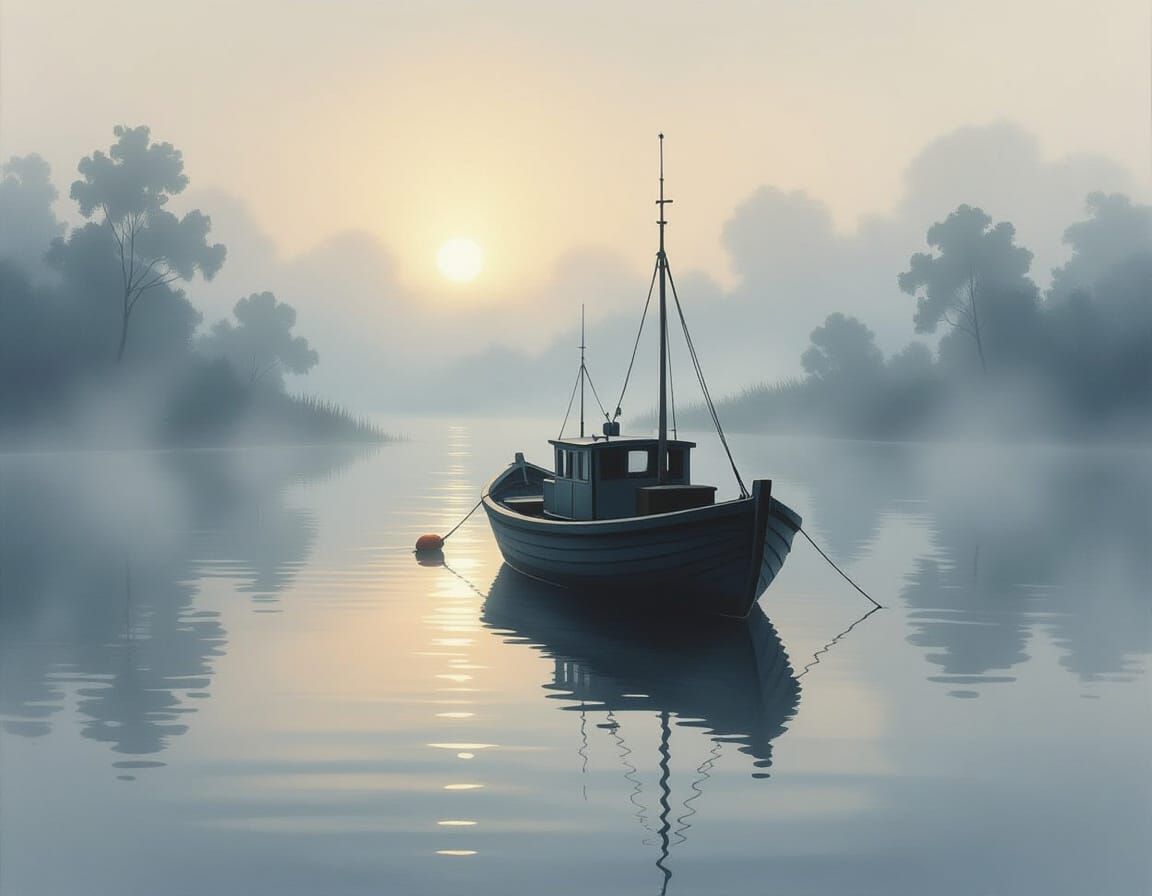 Ethereal Oil Painting of Fishing Boat in Thick Mist