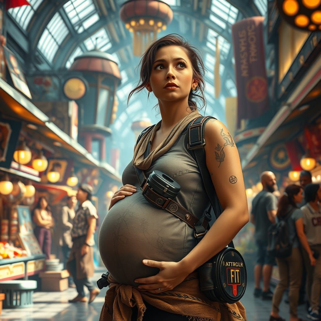 Pregnant Time Traveler in Bustling Future Market