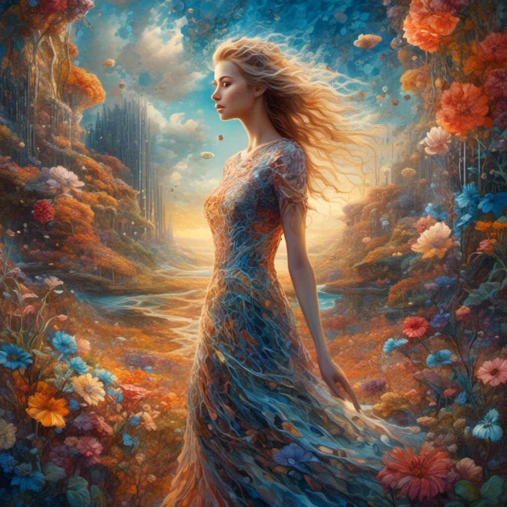 Renaissance AI Muse in a Digital Dreamscape Oil Painting